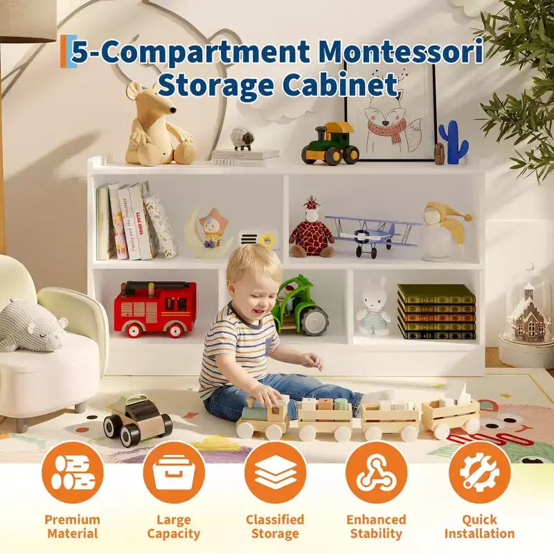Kids Wooden Bookshelf 5-Section 2-Tier, Open Shelving Toy Storage Organizer Bookcase for Playroom, Nursery, Classroom & Kindergarten