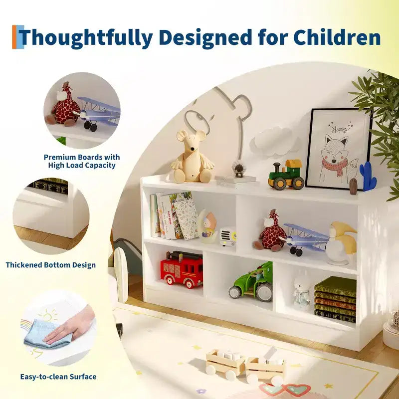 Kids Wooden Bookshelf 5-Section 2-Tier, Open Shelving Toy Storage Organizer Bookcase for Playroom, Nursery, Classroom & Kindergarten