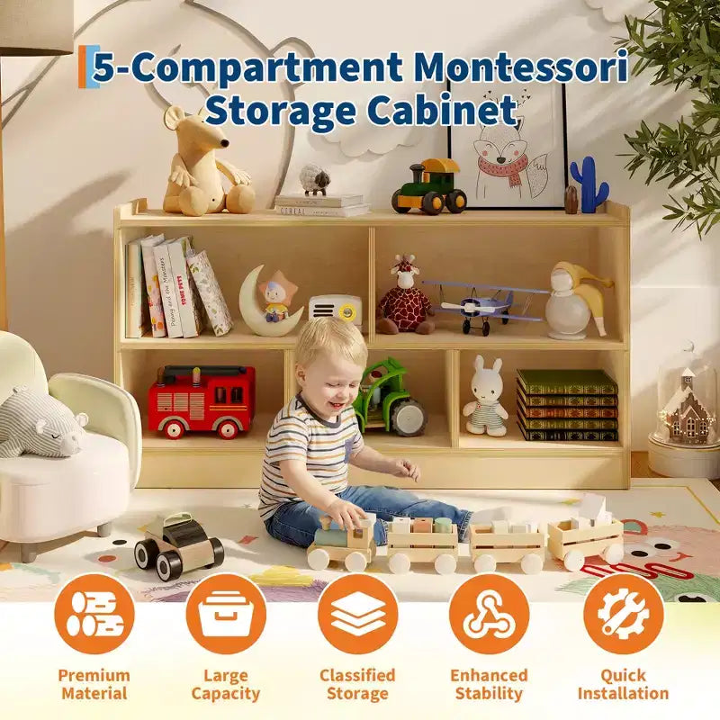 Kids Wooden Bookshelf 5-Section 2-Tier, Open Shelving Toy Storage Organizer Bookcase for Playroom, Nursery, Classroom & Kindergarten