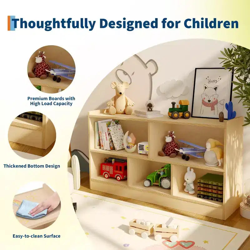 Kids Wooden Bookshelf 5-Section 2-Tier, Open Shelving Toy Storage Organizer Bookcase for Playroom, Nursery, Classroom & Kindergarten