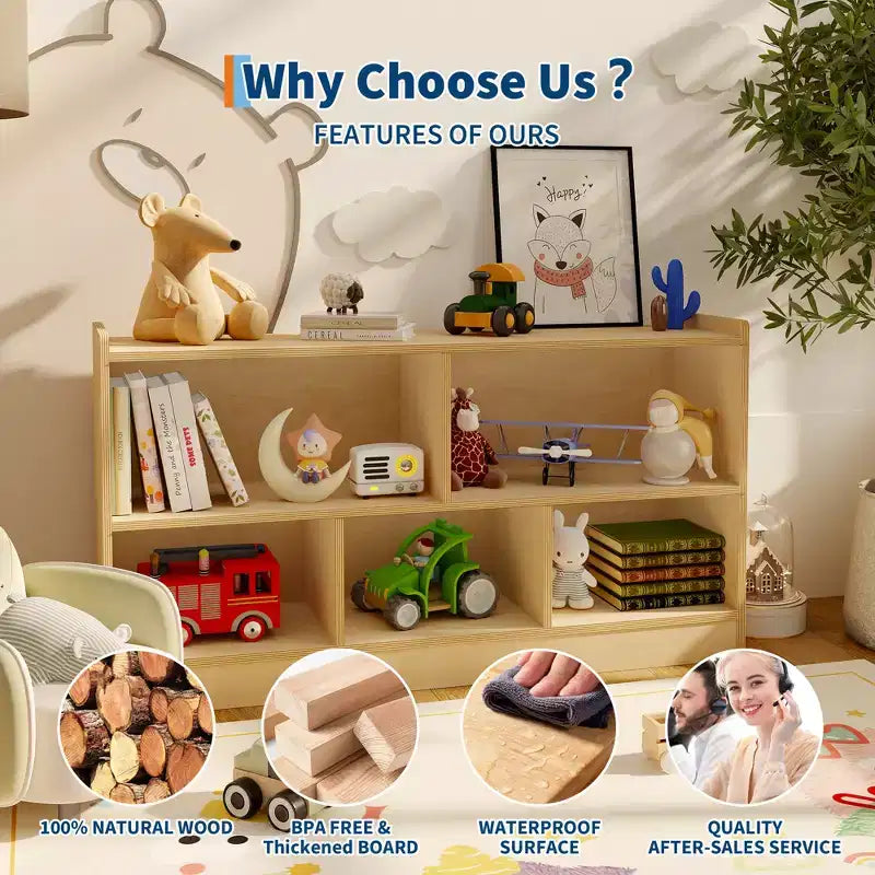 Kids Wooden Bookshelf 5-Section 2-Tier, Open Shelving Toy Storage Organizer Bookcase for Playroom, Nursery, Classroom & Kindergarten