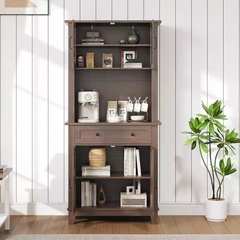 72 Tall Freestanding Kitchen Pantry Storage Cabinet  2 Glass Doors, 2 Wooden Doors, Drawer, Adjustable Shelves