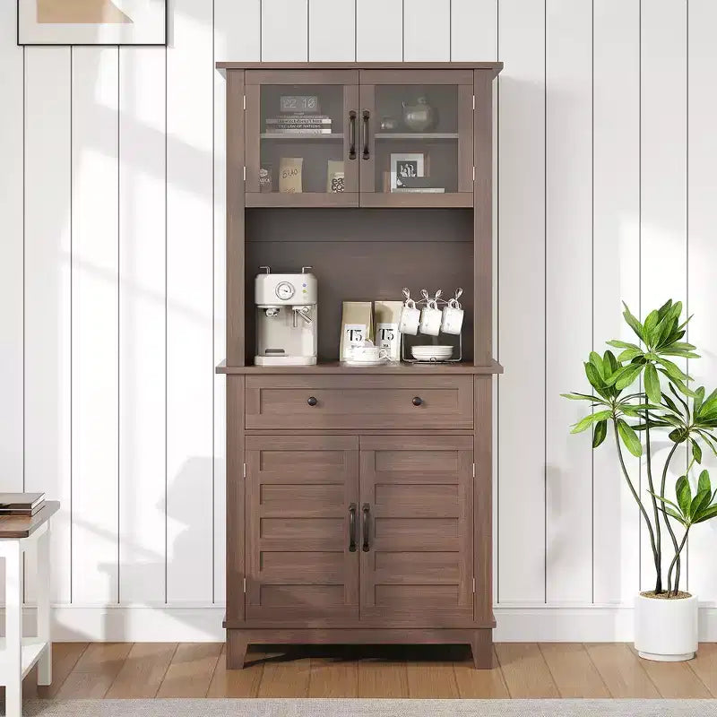 72 Tall Freestanding Kitchen Pantry Storage Cabinet  2 Glass Doors, 2 Wooden Doors, Drawer, Adjustable Shelves
