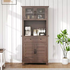 72 Tall Freestanding Kitchen Pantry Storage Cabinet  2 Glass Doors, 2 Wooden Doors, Drawer, Adjustable Shelves