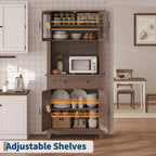 72 Tall Freestanding Kitchen Pantry Storage Cabinet  2 Glass Doors, 2 Wooden Doors, Drawer, Adjustable Shelves