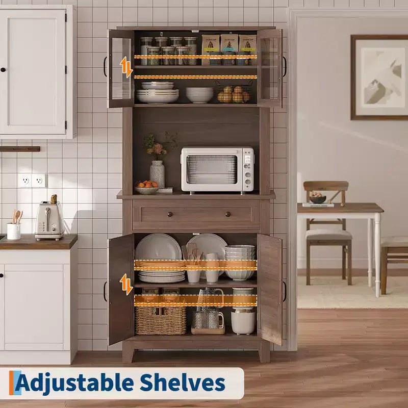72 Tall Freestanding Kitchen Pantry Storage Cabinet  2 Glass Doors, 2 Wooden Doors, Drawer, Adjustable Shelves