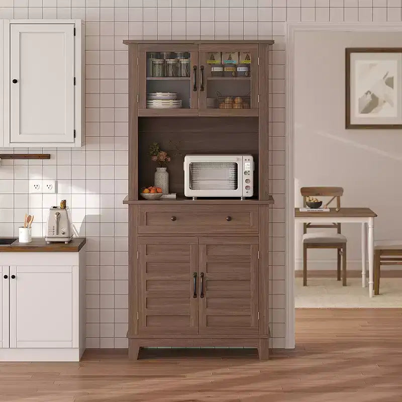 72 Tall Freestanding Kitchen Pantry Storage Cabinet  2 Glass Doors, 2 Wooden Doors, Drawer, Adjustable Shelves