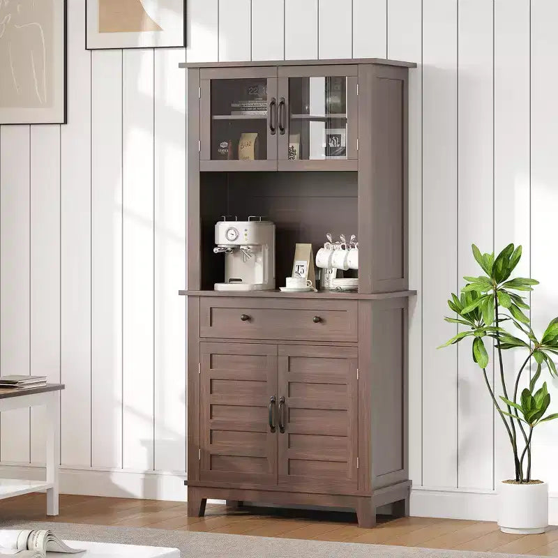 72 Tall Freestanding Kitchen Pantry Storage Cabinet  2 Glass Doors, 2 Wooden Doors, Drawer, Adjustable Shelves