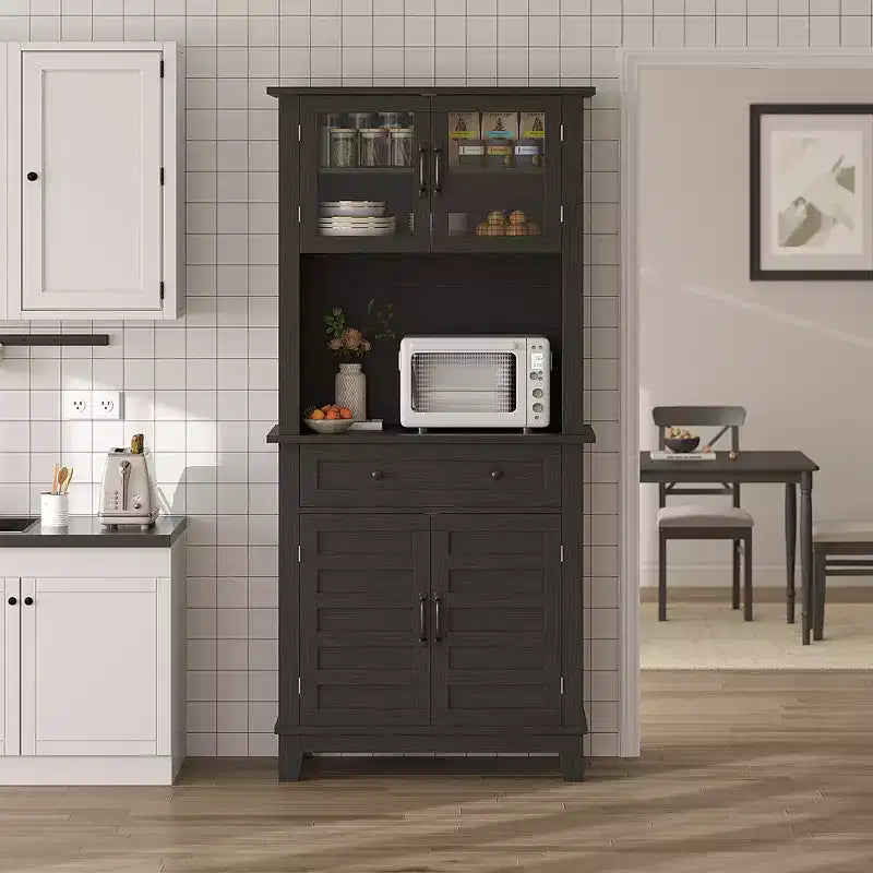 72 Tall Freestanding Kitchen Pantry Storage Cabinet  2 Glass Doors, 2 Wooden Doors, Drawer, Adjustable Shelves