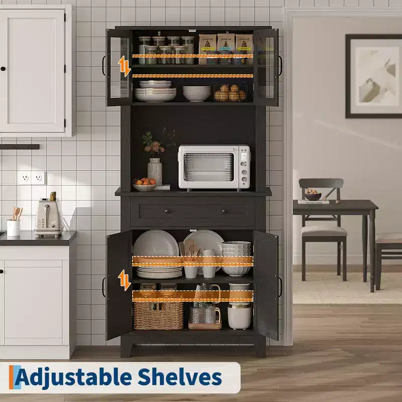72 Tall Freestanding Kitchen Pantry Storage Cabinet  2 Glass Doors, 2 Wooden Doors, Drawer, Adjustable Shelves