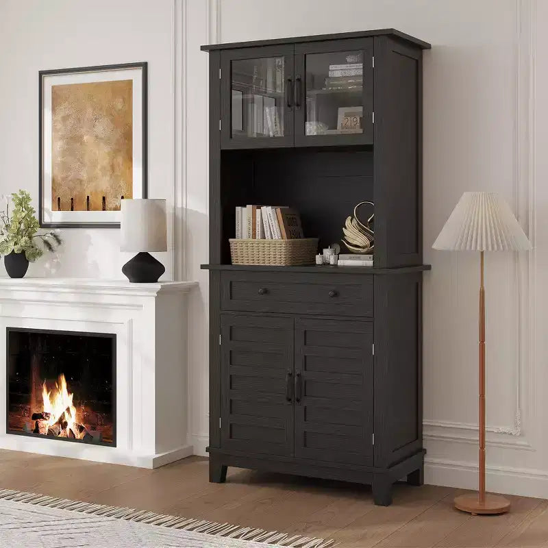 72 Tall Freestanding Kitchen Pantry Storage Cabinet  2 Glass Doors, 2 Wooden Doors, Drawer, Adjustable Shelves
