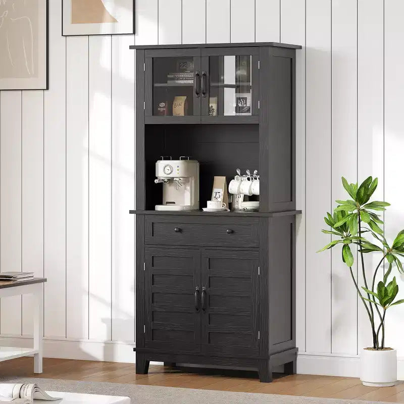72 Tall Freestanding Kitchen Pantry Storage Cabinet  2 Glass Doors, 2 Wooden Doors, Drawer, Adjustable Shelves