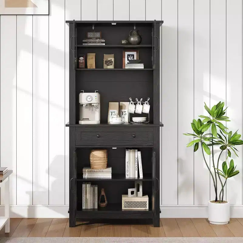 72 Tall Freestanding Kitchen Pantry Storage Cabinet  2 Glass Doors, 2 Wooden Doors, Drawer, Adjustable Shelves