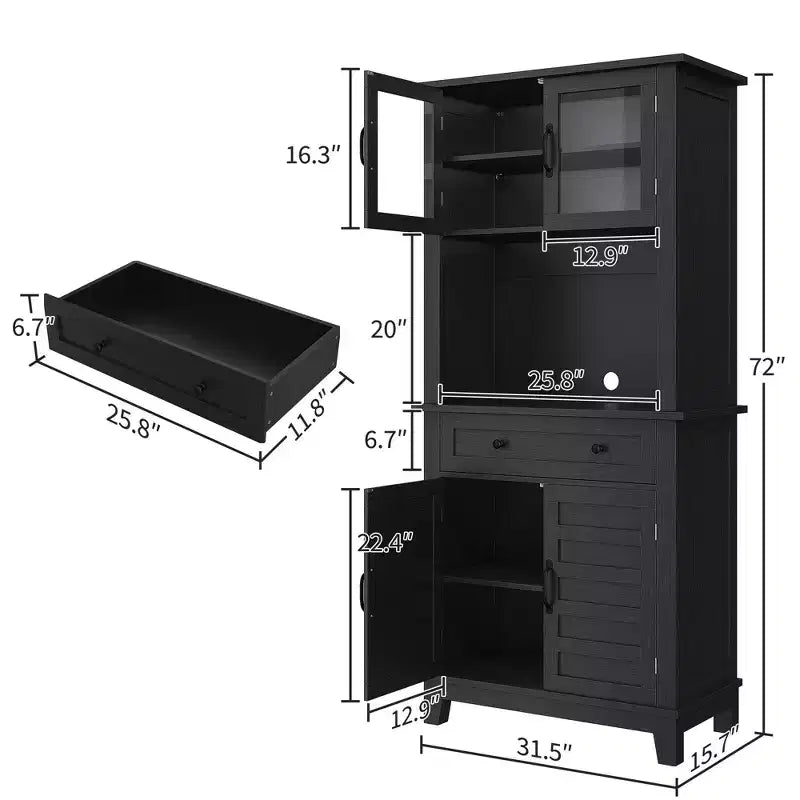 72 Tall Freestanding Kitchen Pantry Storage Cabinet  2 Glass Doors, 2 Wooden Doors, Drawer, Adjustable Shelves