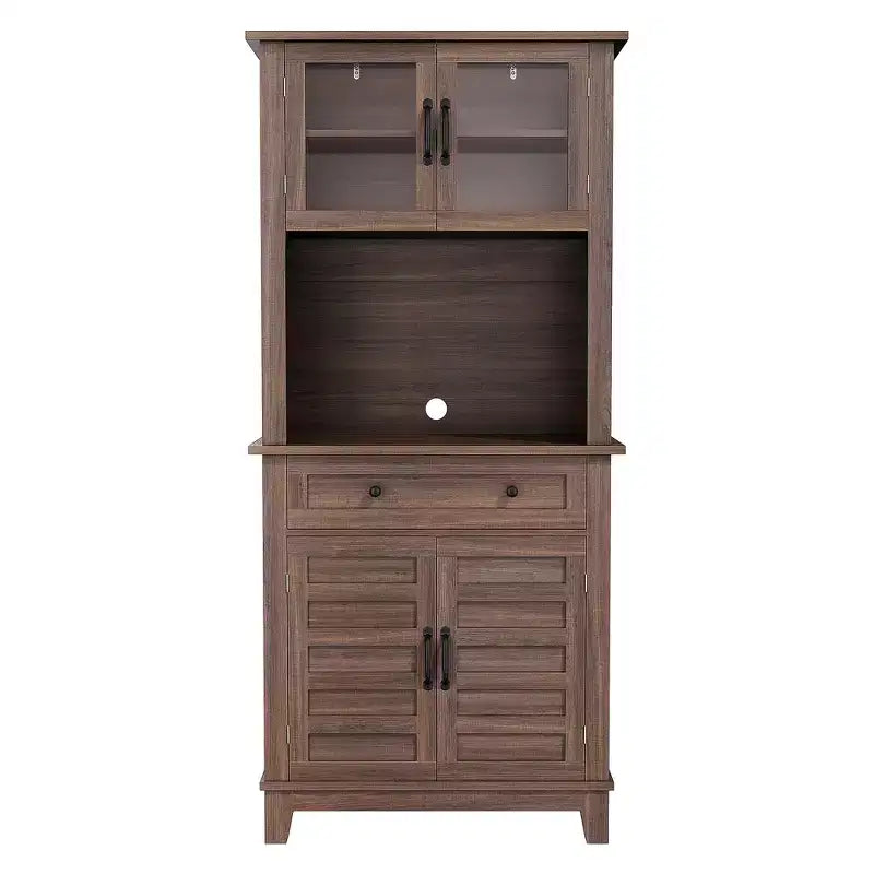 72 Tall Freestanding Kitchen Pantry Storage Cabinet  2 Glass Doors, 2 Wooden Doors, Drawer, Adjustable Shelves