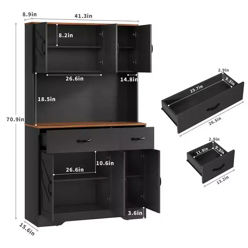 71 Farmhouse Pantry Cabinet with Charging Station, 4-Door 2-Drawer