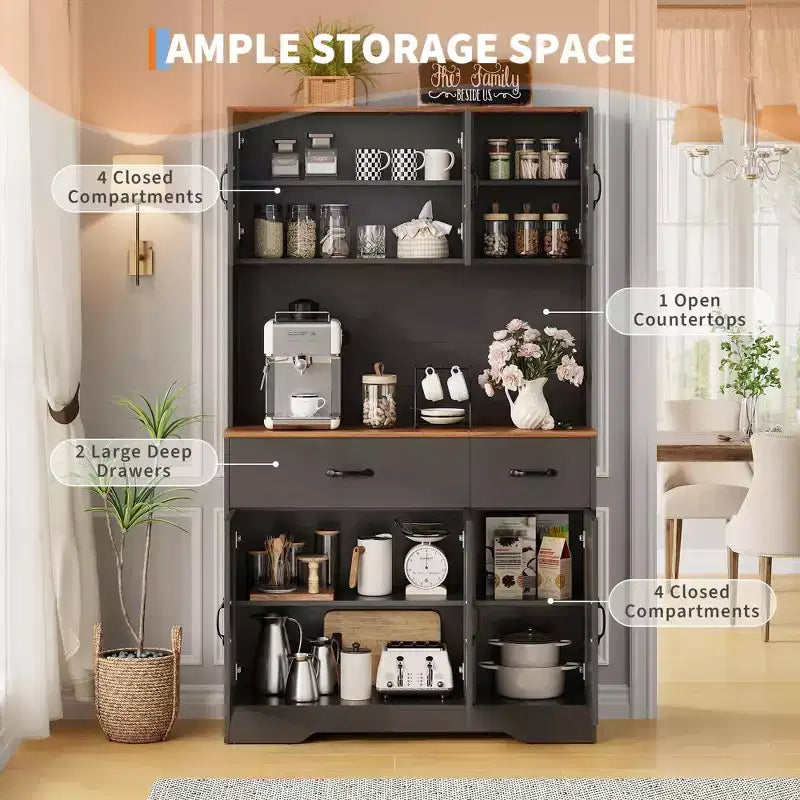 71 Farmhouse Pantry Cabinet with Charging Station, 4-Door 2-Drawer