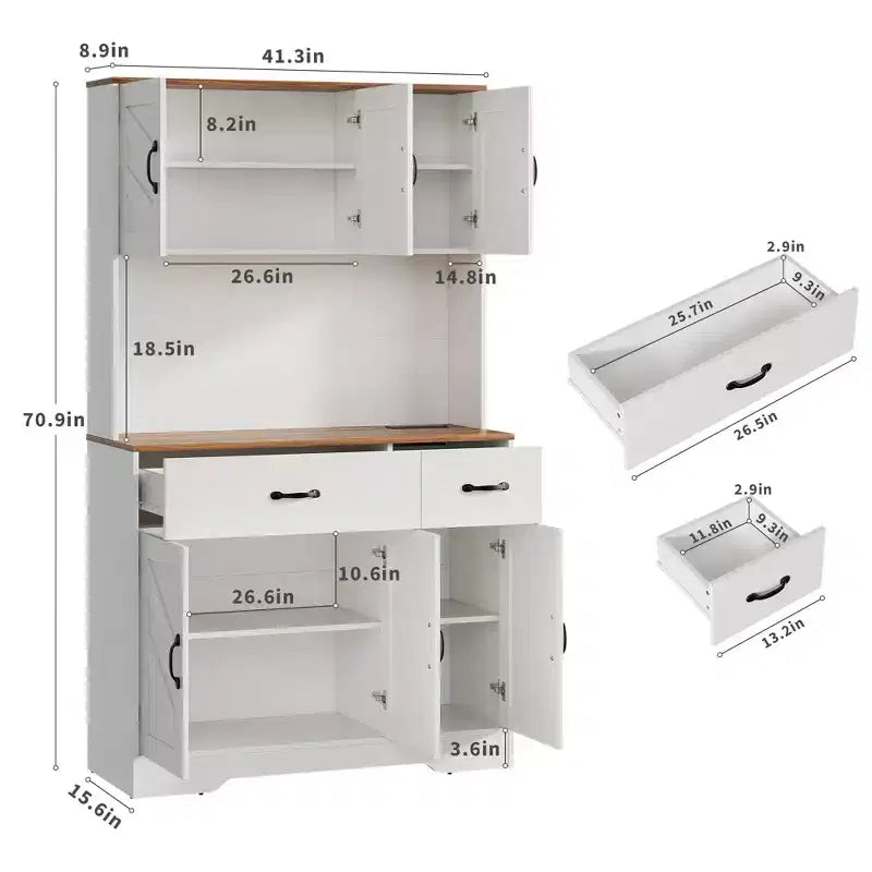 71 Farmhouse Pantry Cabinet with Charging Station, 4-Door 2-Drawer