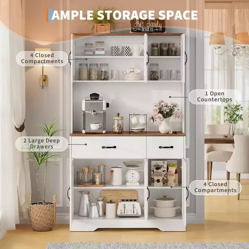 71 Farmhouse Pantry Cabinet with Charging Station, 4-Door 2-Drawer