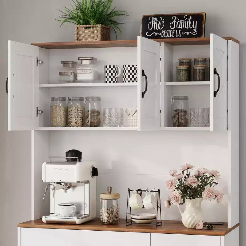 71 Farmhouse Pantry Cabinet with Charging Station, 4-Door 2-Drawer