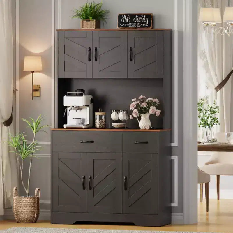 71 Farmhouse Pantry Cabinet with Charging Station, 4-Door 2-Drawer