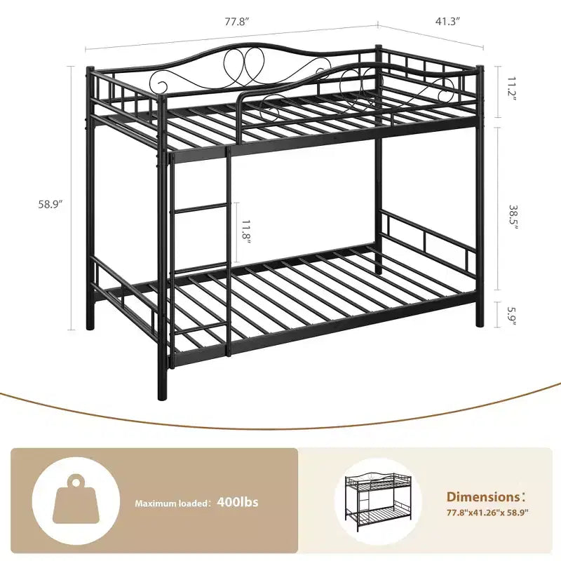Bunk Bed Twin Over Twin with Ladder & Full Safety Guardrail, Heavy Duty Metal Twin Over Twin Bunk Bed , Noise Free,No Box Spring Needed, Easy Assembly