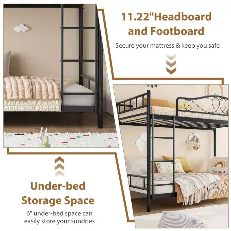 Bunk Bed Twin Over Twin with Ladder & Full Safety Guardrail, Heavy Duty Metal Twin Over Twin Bunk Bed , Noise Free,No Box Spring Needed, Easy Assembly