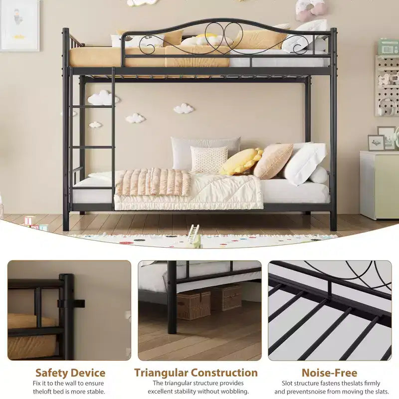 Bunk Bed Twin Over Twin with Ladder & Full Safety Guardrail, Heavy Duty Metal Twin Over Twin Bunk Bed , Noise Free,No Box Spring Needed, Easy Assembly