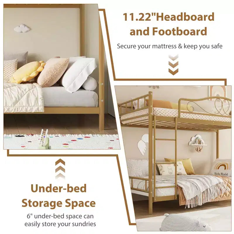 Bunk Bed Twin Over Twin with Ladder & Full Safety Guardrail, Heavy Duty Metal Twin Over Twin Bunk Bed , Noise Free,No Box Spring Needed, Easy Assembly