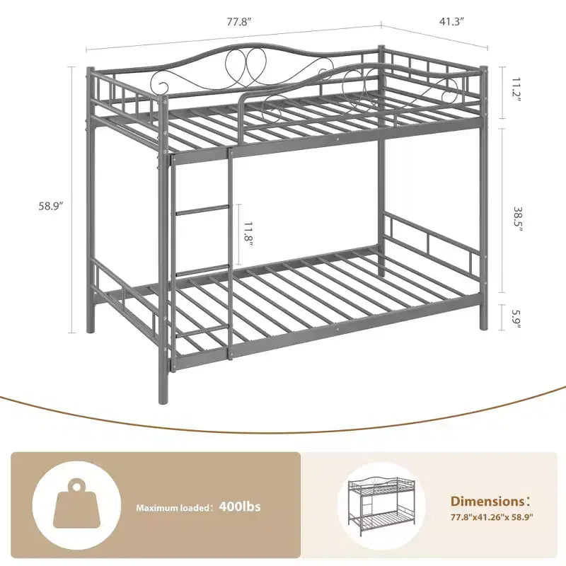 Bunk Bed Twin Over Twin with Ladder & Full Safety Guardrail, Heavy Duty Metal Twin Over Twin Bunk Bed , Noise Free,No Box Spring Needed, Easy Assembly