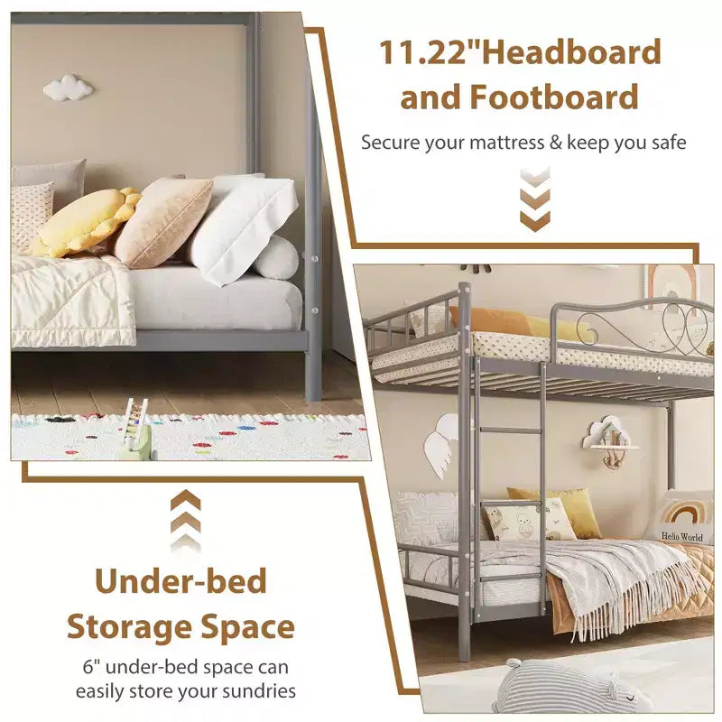 Bunk Bed Twin Over Twin with Ladder & Full Safety Guardrail, Heavy Duty Metal Twin Over Twin Bunk Bed , Noise Free,No Box Spring Needed, Easy Assembly