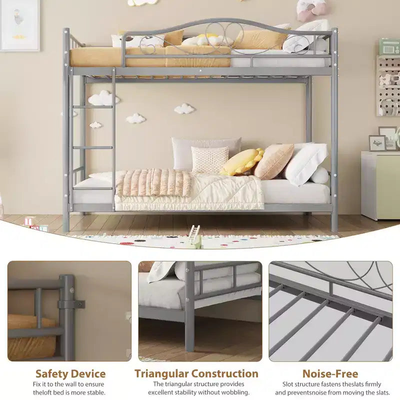 Bunk Bed Twin Over Twin with Ladder & Full Safety Guardrail, Heavy Duty Metal Twin Over Twin Bunk Bed , Noise Free,No Box Spring Needed, Easy Assembly