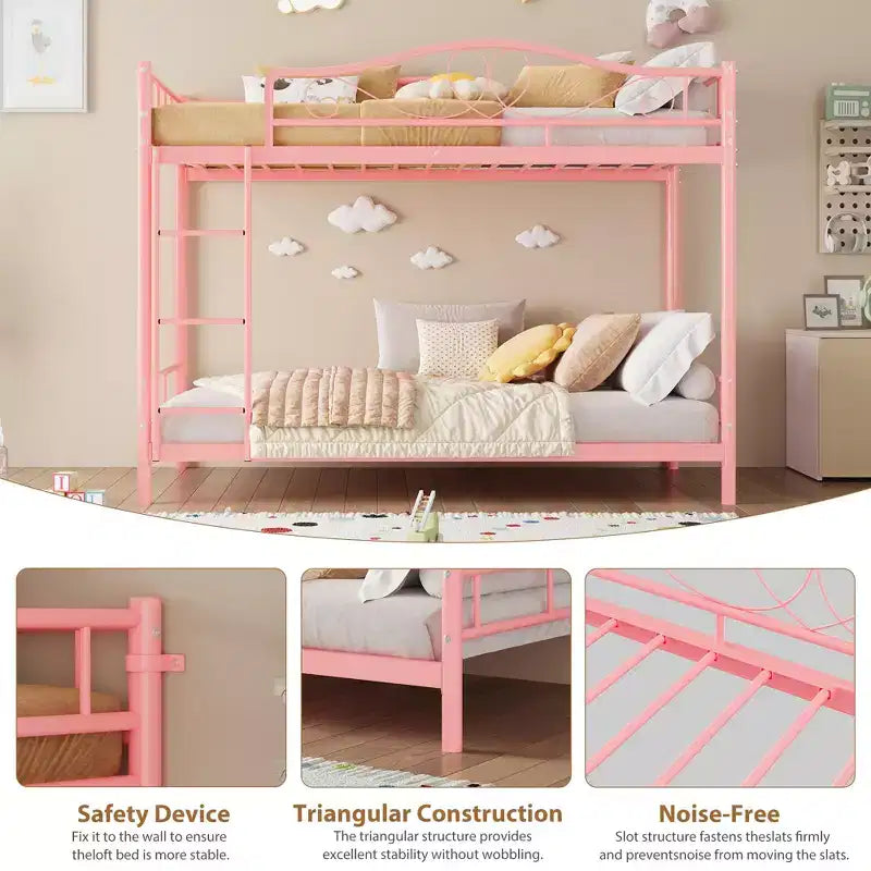 Bunk Bed Twin Over Twin with Ladder & Full Safety Guardrail, Heavy Duty Metal Twin Over Twin Bunk Bed , Noise Free,No Box Spring Needed, Easy Assembly