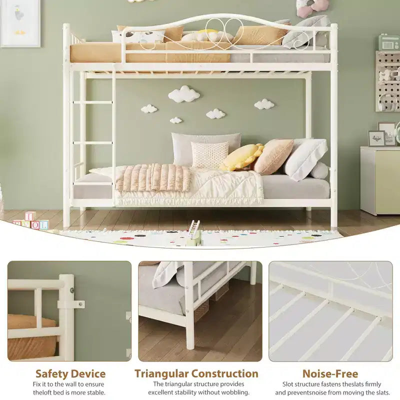 Bunk Bed Twin Over Twin with Ladder & Full Safety Guardrail, Heavy Duty Metal Twin Over Twin Bunk Bed , Noise Free,No Box Spring Needed, Easy Assembly