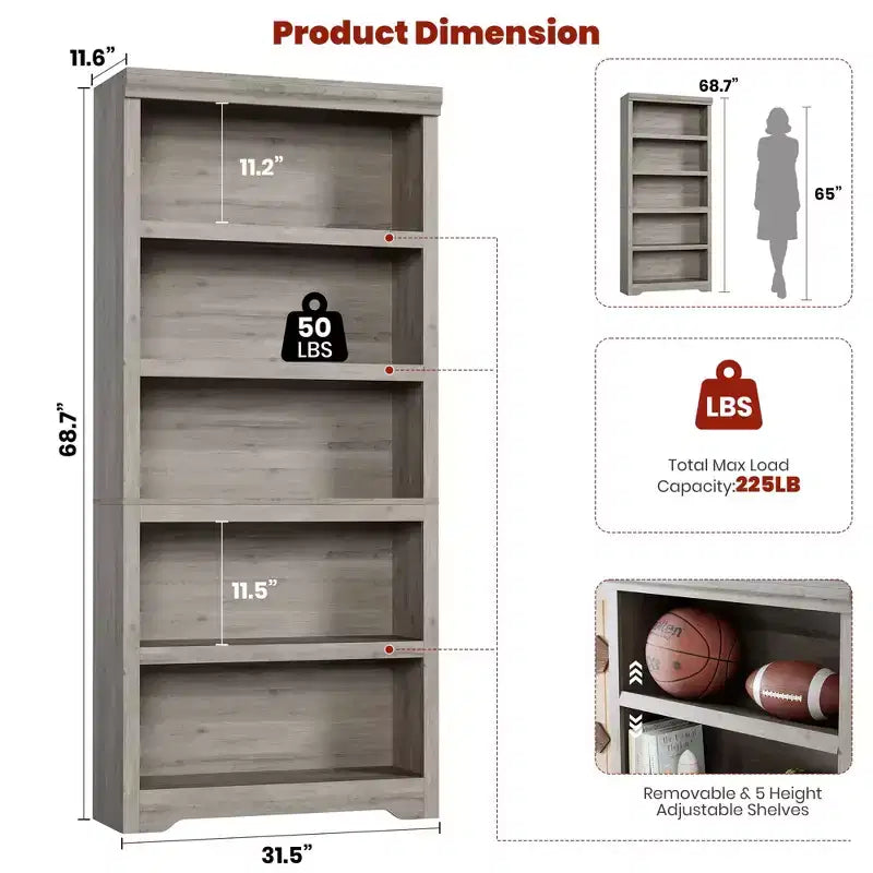 5-Tier Farmhouse Bookshelf, 69 Tall Bookcase with Adjustable Shelves & Anti-Slip Design, Open Storage Rack for Home Office, Living Room
