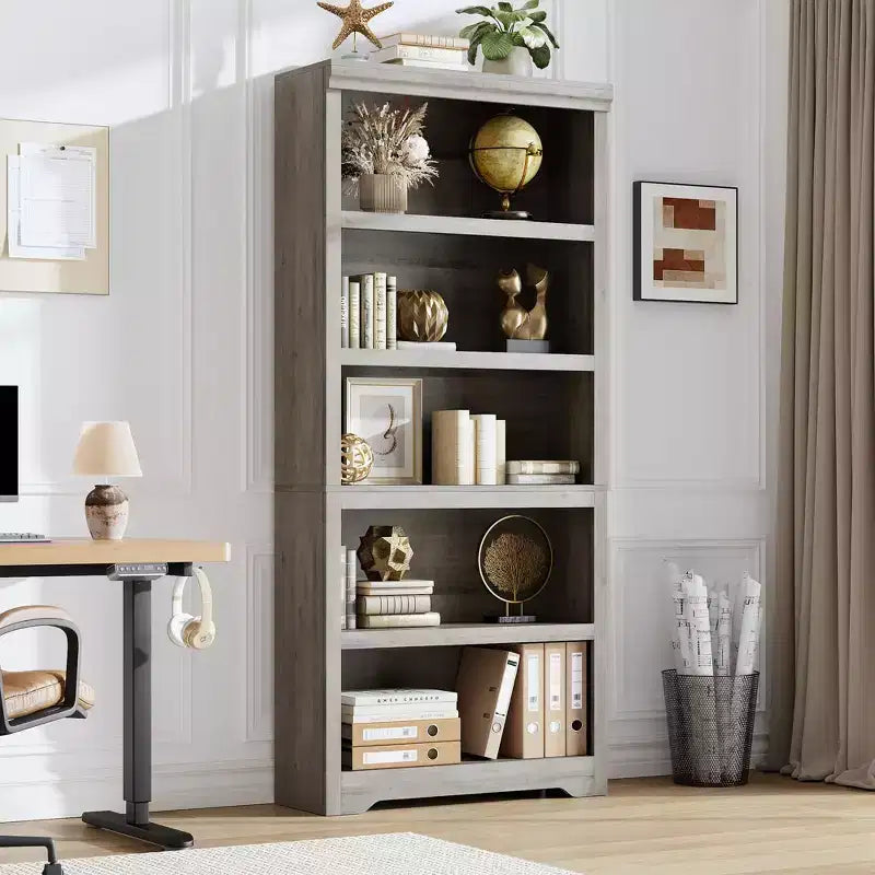5-Tier Farmhouse Bookshelf, 69 Tall Bookcase with Adjustable Shelves & Anti-Slip Design, Open Storage Rack for Home Office, Living Room