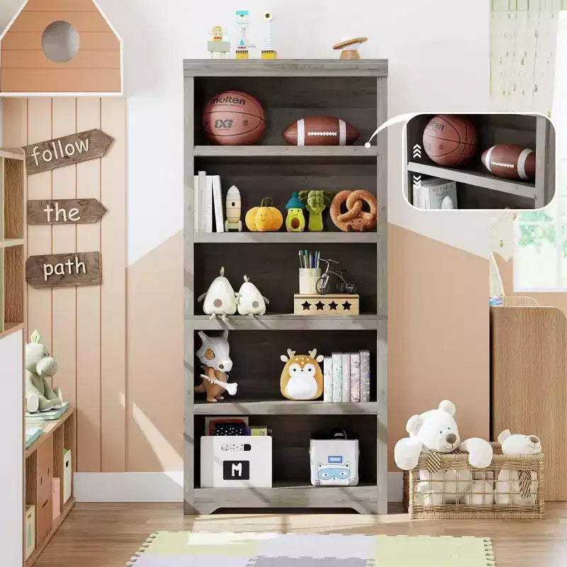 5-Tier Farmhouse Bookshelf, 69 Tall Bookcase with Adjustable Shelves & Anti-Slip Design, Open Storage Rack for Home Office, Living Room