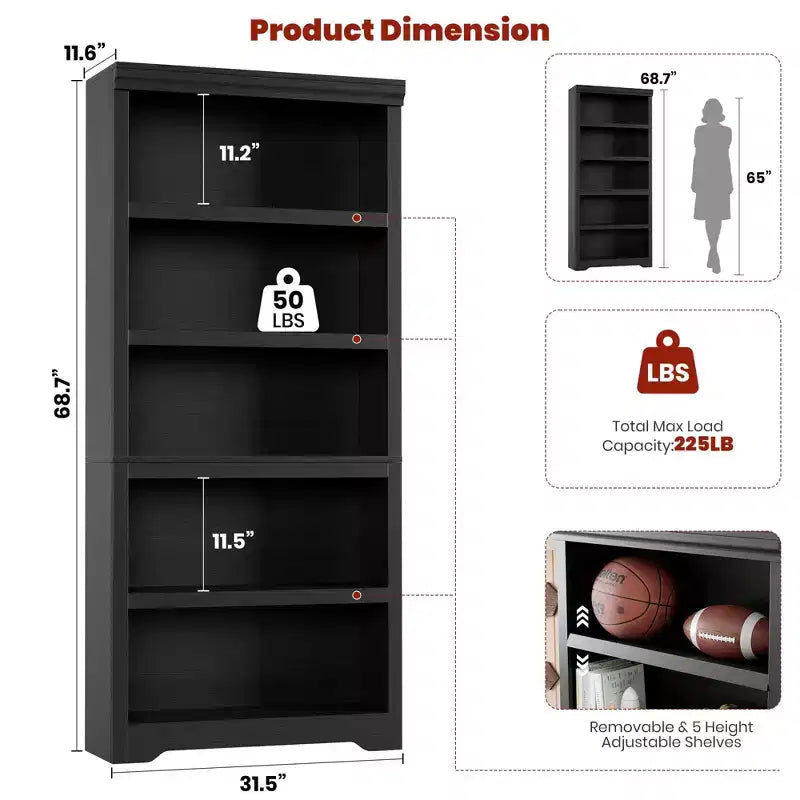 5-Tier Farmhouse Bookshelf, 69 Tall Bookcase with Adjustable Shelves & Anti-Slip Design, Open Storage Rack for Home Office, Living Room