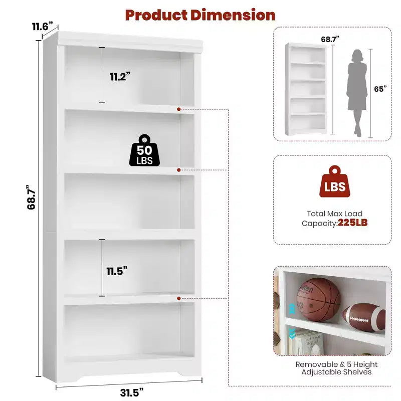 5-Tier Farmhouse Bookshelf, 69 Tall Bookcase with Adjustable Shelves & Anti-Slip Design, Open Storage Rack for Home Office, Living Room