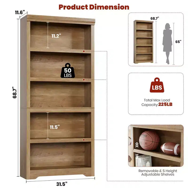 5-Tier Farmhouse Bookshelf, 69 Tall Bookcase with Adjustable Shelves & Anti-Slip Design, Open Storage Rack for Home Office, Living Room