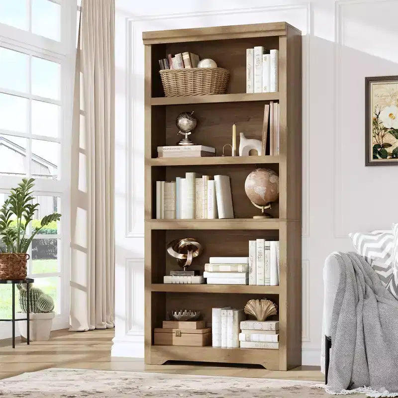 5-Tier Farmhouse Bookshelf, 69 Tall Bookcase with Adjustable Shelves & Anti-Slip Design, Open Storage Rack for Home Office, Living Room