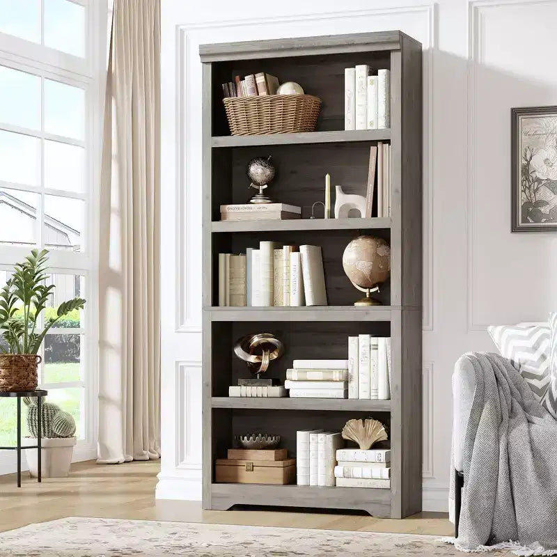 5-Tier Farmhouse Bookshelf, 69 Tall Bookcase with Adjustable Shelves & Anti-Slip Design, Open Storage Rack for Home Office, Living Room