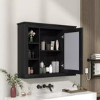 35'' x 28'' Wall Mounted Bathroom Storage Cabinet, Modern Bathroom Wall Cabinet with Mirror, Mirror Cabinet with 6 Open Shelves, Black