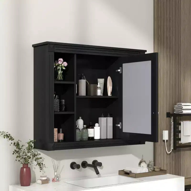 35'' x 28'' Wall Mounted Bathroom Storage Cabinet, Modern Bathroom Wall Cabinet with Mirror, Mirror Cabinet with 6 Open Shelves, Black