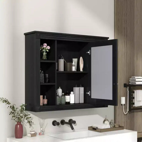 35'' x 28'' Wall Mounted Bathroom Storage Cabinet, Modern Bathroom Wall Cabinet with Mirror, Mirror Cabinet with 6 Open Shelves, Black