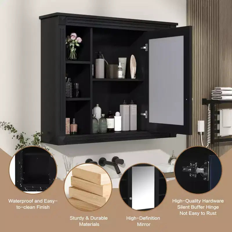 35'' x 28'' Wall Mounted Bathroom Storage Cabinet, Modern Bathroom Wall Cabinet with Mirror, Mirror Cabinet with 6 Open Shelves, Black