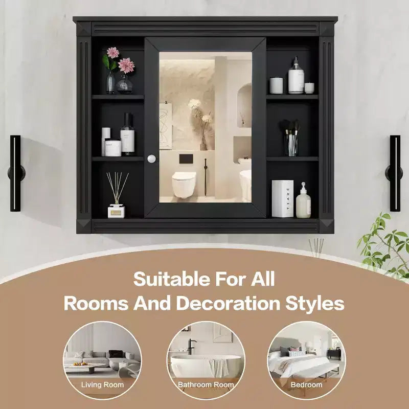 35'' x 28'' Wall Mounted Bathroom Storage Cabinet, Modern Bathroom Wall Cabinet with Mirror, Mirror Cabinet with 6 Open Shelves, Black