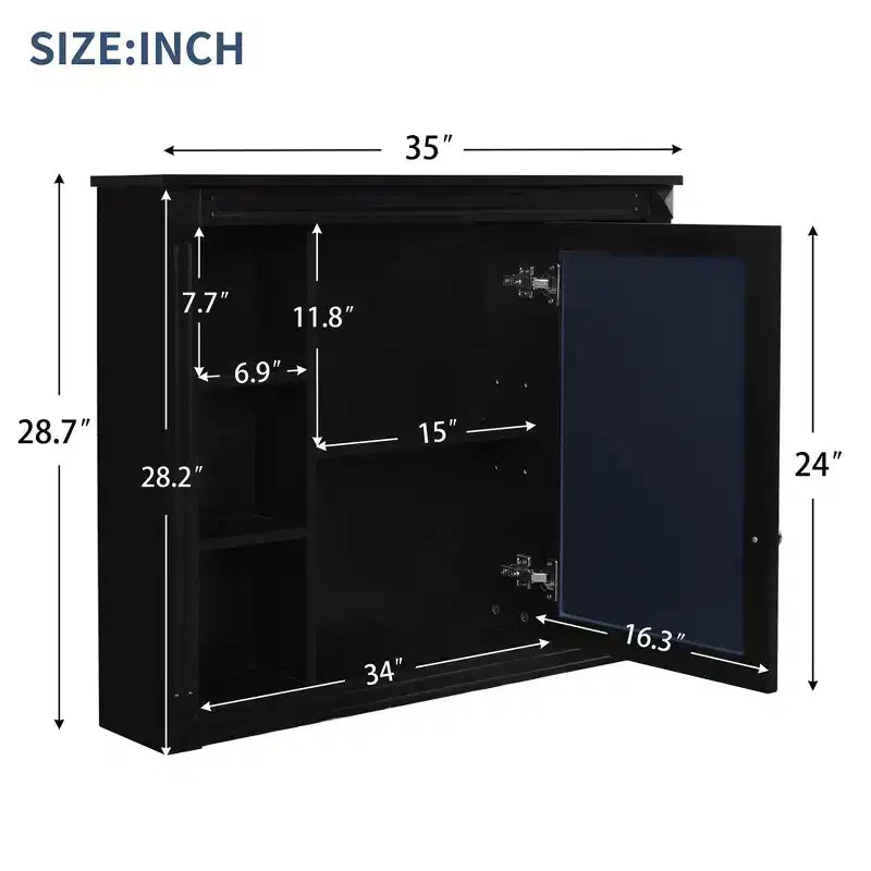 35'' x 28'' Wall Mounted Bathroom Storage Cabinet, Modern Bathroom Wall Cabinet with Mirror, Mirror Cabinet with 6 Open Shelves, Black