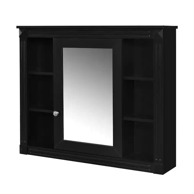 35'' x 28'' Wall Mounted Bathroom Storage Cabinet, Modern Bathroom Wall Cabinet with Mirror, Mirror Cabinet with 6 Open Shelves, Black