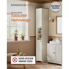 Storage Cabinet, Superfast Toolless Assembly, Slim Tall Standing Cabinet with Adjustable Shelves, Open Compartments, Rustic White